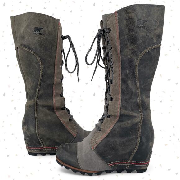 Sorel Cate The Great Wedge Charcoal Gray Tall Leather Suede Lace Up Boots Size 9 - Picture 1 of 14